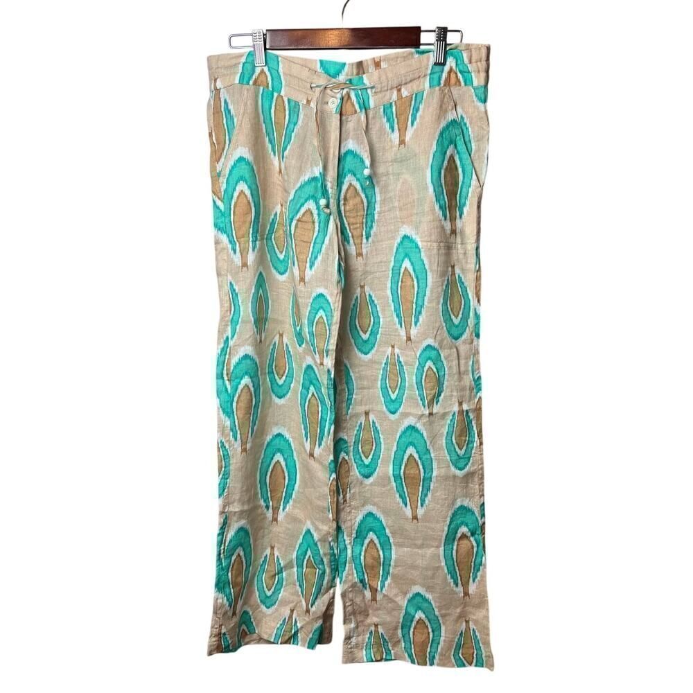 Nimo with Love Ikat Tan Turquoise Linen Pants Sz. S